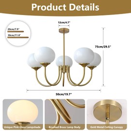 BOKT 5 Light Contemporary Milk White Glass Globe Chandelier Vintage Gold Sputnik Chandelier Light Fixture Adjustable Large Modern Brushed Brass Ball Sputnik Pendant Hanging Light Kitchen Island