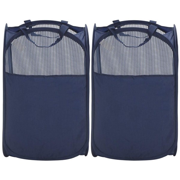 STORAGE MANIAC 2-Pack Large Pop-Up Mesh Clothes Hamper, Foldable Laundry Hamper with Sturdy Steel Wire Frame, Enlarged Opening with Side Pocket, Collapsible Laundry Basket with Durable Handles for Dorm, Apt, Bedroom, Bathroom, Laundry Room, Blue