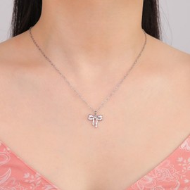 kkjoy Cute Small Tiny Bow Necklace Stainless Steel Silver Plated Dainty Ribbon Bow Tie Pendant Necklace Butterfly Bowknot Jewelry for Women Charming Ladies (Style 6, Silver)