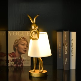 YHT Bunny Table Lamp,Cute Animal Rabbit Lamp,15.7" Vintage LED Desk Light with Resin Lampshade,Gold Main Part Beside Lamp for Bedroom/Office/Study Room/Home Decor (White)