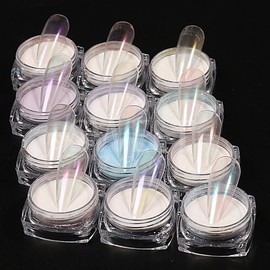 Chrome Nail Powder Nail Art Glitter Decoration White Pearl Mermaid Iridescent Chrome Powder Metallic Mirror Effect Aurora Holographic Nail Powder Pearlescent Pigment Powder Kit for Nail DIY 12 Jars