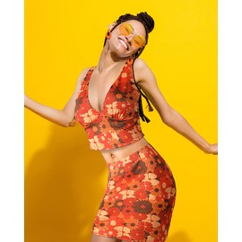 Twistover 4 Pcs 60s 70s Women Hippie Costume Retro Disco Outfit Groovy Halter Top and Bodycon Dress Earrings and Sunglasses(Large)