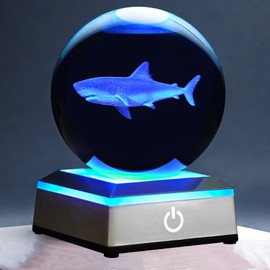 3D Shark Crystal Ball Night Light with LED Colorful Touch Base 3.15 Inch Shark Figurines Glass Sphere Lamp for Birthday Christmas, Cool Shark Home Table Lamp Decor Gifts for Boys Kids Teens Women