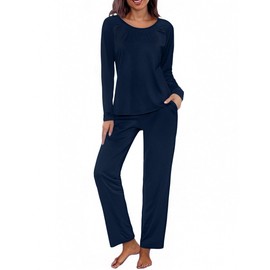 Uniexcosm Pyjamas Set for Women Nightwear Ladies Sleepwear Long Sleeve PJ Set Loungewear S-3XL Navy Blue