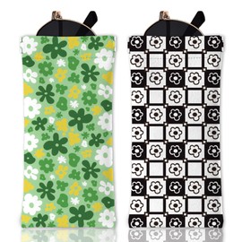 GLOBLELAND 2Pcs Green Flowers Soft Glasses Case Black and White Plaid Travel PU Leather Glasses Bag Portable Squeeze Top Eyeglass Case Pouch for Watches Phones Makeup Brushes