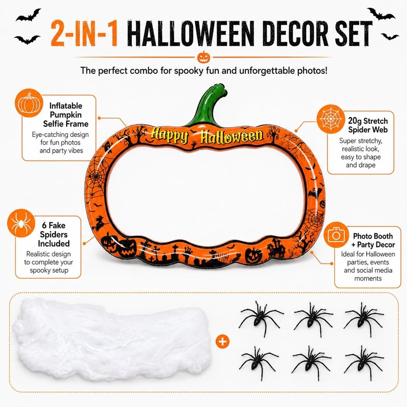 Halloween Inflatable Pumpkin Photo Frame with Spider Web and 6