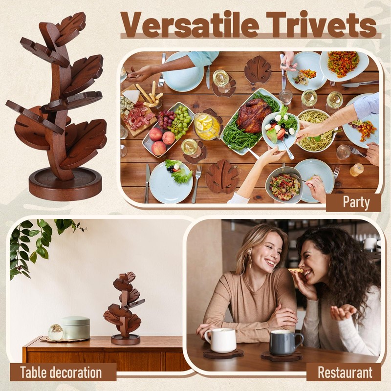 Zhehao 7 Pcs Bamboo Wooden Tree Trivets with Storage Stand,