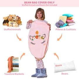 Aubliss Stuffed Animal Storage Bean Bag Chair Cover for Kids,X-Large Velvet Extra Soft Zipper Beanbag for Organizing Toddler and Kids' Rooms Plush Toys,Bean Bag Chair Cover Only,Unicorn Pink Floral