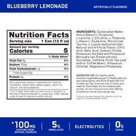 Optimum Nutrition Amino Energy Sparkling Hydration Drink, Electrolytes, Caffeine, Amino Acids, BCAAs, Sugar Free, Blueberry Lemonade, 12 Fl Oz, 12 Pack (Packaging May Vary)