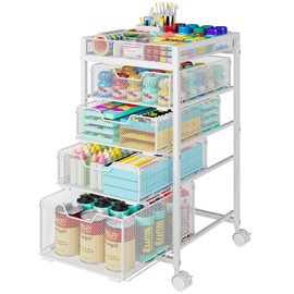 Rolling Utility Cart with 4 Drawers, Craft Organizer and Storage Carts with DIY Divider, Lockable Wheels Storage Organizer for Art Supplies, Store for Brushes & Paints & Artifacts, White