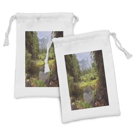 Ambesonne Yosemite Fabric Pouch Set of 2, Small Spring Forest Distant Mountain Picture of Yosemite National Park Landscape Print, Small Drawstring Bag for Toiletries Masks and Favors, 9" x 6", Green