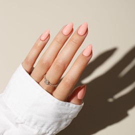 KQueenest Coral Pink Press on Nails Short Almond, Short False Nails with Glue, Solid Peach Orange Fake Nails Press ons Stiletto, Glossy Opaque, Reusable Soft Gel Stick on Nail for Women, 30 Pcs