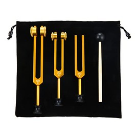 Tuning Fork Set(128Hz, 256Hz, 512Hz), Tuning Fork Medical Healing Instrument(Pack of 3) for Chakra, Sound Therapy, Sonic Slider Fork with Hammer, Storage Bag and Cleaning Cloth(Gold)