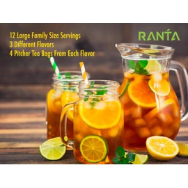 Ranta Assorted Flavored Iced Tea Bags, Fruit Tea Sampler, Berry Fusion, Passion & Mango, Lemon Breeze, Flavored Black Iced Tea, 12 Family Sized (Pitcher) Tea Bags