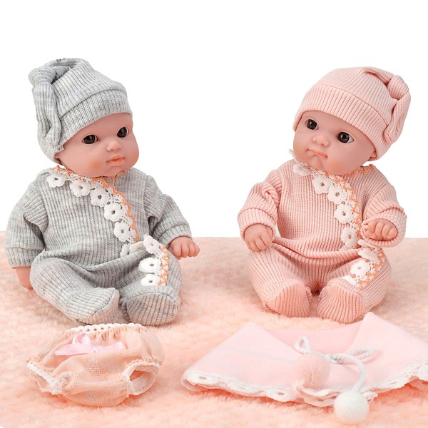 Mommy and Me 8 Inch Newborn Twin Baby Dolls, Vinyl Body Boy and Girl Twins with Rompers, Hats, Furry Blanket, Swaddle, and Bloomer