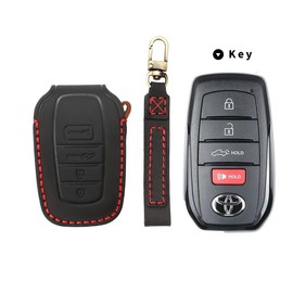 INTGET for 2022-2024 2025 Toyota Tundra Key Fob Cover, for 2023 2024 2025 Sequoia Key Fob Case, for Camry 2025 Leather Key Cover, for 2024 Grand Highlander, for 2024 Tacoma (Black Leather Red Thread)