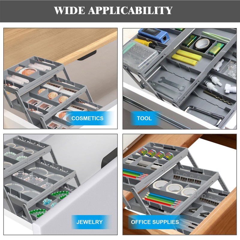 Fockety Drawer Organizer, Multi Level Collapsible Drawer Organizer with Adjustable