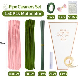 Dark Pink Pipe Cleaner Kit with 150 Pcs Pipe Cleaners Colourful in 2 Colours（Dark Pink,Green,8 Pcs Green Floral Wire,40 Pearls,40 Stamen,Floral Tape,Flower Wrapping Paper and Ribbon