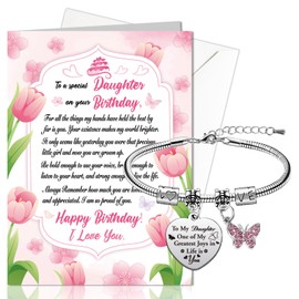 HOWAF Birthday Card for Daughter from Mom Dad, Daughter Happy Birthday Bracelets Daughter Birthday Card To My Daughter Girls Birthday Gifts Heart Engraved Bracelets from Mummy Daddy Parents