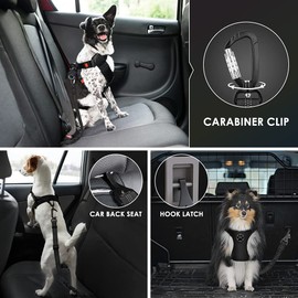 SlowTon Dog Seatbelt, Pet Car Seat Belt Latch Bar Attachment Lockable Swivel Carabiner Small Medium Large Dogs Adjustable Elastic Bungee Safety Belt Reflective Stitching Connect(Black)