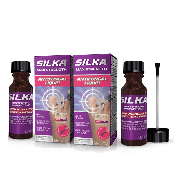 Silka Max Strength Antifungal Liquid with Brush Applicator for Toenail Fungus Treatment, Athlete's Foot & Ringworm, Relieves Itching, Cracking & Burning, 0.45 Fl Oz, Pack of 2