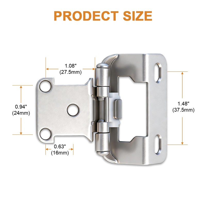 Probrico 50 Pack (25 Pairs) Brushed Nickel Cabinet Hinges, 1/2"