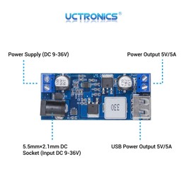 UCTRONICS DC 9V 12V 24V to DC 5V 5A Buck Converter Module, 9-36V Step Down to USB 5V Transformer Dual Output Voltage Regulator Board [2 Pack]