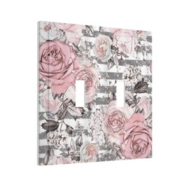 Pink Gray Floral Flower Rose Rustic Leaves 2 Gang Toggle Light Switch Cover Decorative Double Wall Plate Electrical Switchplate Size 5 x 4.9 In Faceplate for Bathroom Home Room Decor