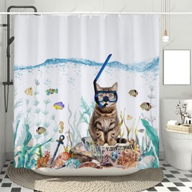 Funny Cat Shower Curtains for Bathroom, Summer Under The Sea Ocean Shower Curtain, Cat Scuba Diving Funny Shower Curtains for Kids, Nautical Octopus Starfish Fabric Bath Decor with Hooks 72X72 inch
