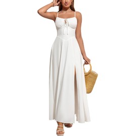 Parthea Womens Spaghetti Straps Corset Dress Boho Flowy Slit Square Neck Casual Midi Dresses White
