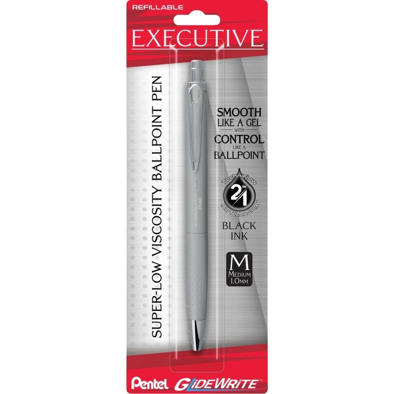 Pentel Glidewrite Executive Ballpoint Pen, (1.0mm) Medium, Silver Metal Barrel,