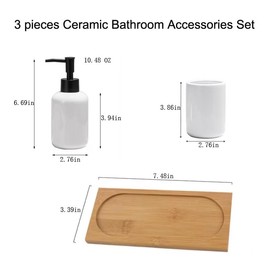 AORTULL White Ceramic Soap Dispenser and Toothbrush Holder,3-Piece Bathroom Accessories Set Modern Cylinder Countertop Bath Set,Liquid Hand Soap Dispenser,Tumbler Cup,Wooden Vanity Tray