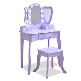 Teamson Kids Heart Glow Makeup Kids Vanity Set with Heart Shape LED Light-Up Mirror, Matching Stool and Storage Drawers, Pretend Makeup Play Table for Toddlers and Girls 3+ Years Old, Purple