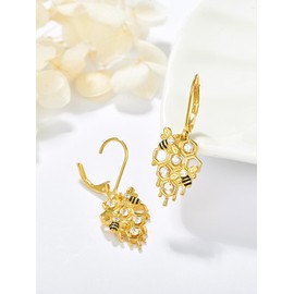 Zhi Kexin Bee Honeycomb Dangle Drop Earrings for Women 925 Sterling Silver Gold Plated Bumble Bees Leverback Jewelry Gifts