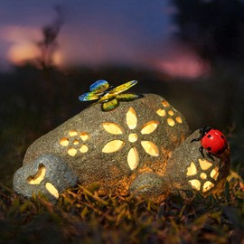WONDHOME Solar Butterfly Stone Ladybug Garden Statues Outdoor Decor with Hollow Pattern Butterfly Stone with LED Lights Lawn Yard Home Ornament Christmas Birthday Gardening Gifts for Mom Women