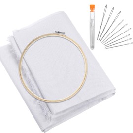 62 by 39 Inch Nature Linen Needlework Fabric With Embroidery Hoop and 9 Large-Eye Knitting Blunt Needles for Garments Crafts Accessories - Plain Solid Color Embroidery Cloth