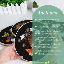 FONNUY 3 Set Crewel Embroidery Kit for Beginners, Fireworks Blooming Pre-Stamped Pattern Kits for Adults with Hoop, Easy to Follow Needlework, 8''