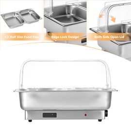 Electric Clear Roll Top Chafing Dish Buffet Set, 9 Qt Stainless Steel Catering Food Warmer with Visible Lid & 2 Pans and Rotate Button to Adjust Temperature for Parties, Wedding, Catering Events