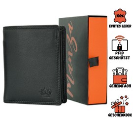 Manza Men's Leather Wallet with RFID Protection and Secret Compartment, Genuine Leather Wallet for Men with Gift Box, Extra Sturdy Double Stitching I Portrait Format, black, Portrait