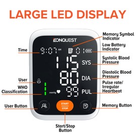 KONQUEST Blood Pressure Monitors for Home Use Upper Arm, Accurate Cuff 8 ½ ” - 16 ½” Monitor with Large LED Display, 2 Users 398 Sets Memory & HR Detection, Digital BP Machine with Carrying Case