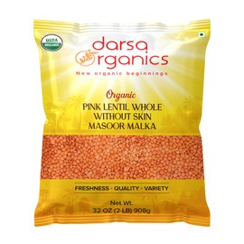 Darsa Organics Red Lentil Whole Without Skin 2 lb | Indian Masoor Malka Dal | USDA Organic | Non-GMO | Chemical-Free | Kosher