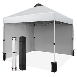 10x10 Pop Up Canopy Tent with Two Side Walls, Commercial Instant Canopies Shelter, Includes Wheeled Carry Bag & 4 Sandbags,Portable Outdoor Sun Shade for Camping, Beach, Parties, Events,White
