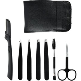 Set de 7 Pzs Pinzas para Cejas Depilar Profesionales de Acero Inoxidable, Pinza de Precisi?n con Tijera para Cejas, Pincel de Cejas,estuche de Cuero (Negro)