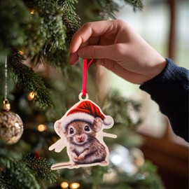 Adorable Mouse in Santa Hat Ornament – Birch Wood Holiday Decoration – Whimsical