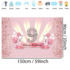 Tecreo Pink 9th Birthday Decorations for Girls, Vinyl Backdrop Banner, 59x35.4 inch, Party Supplies