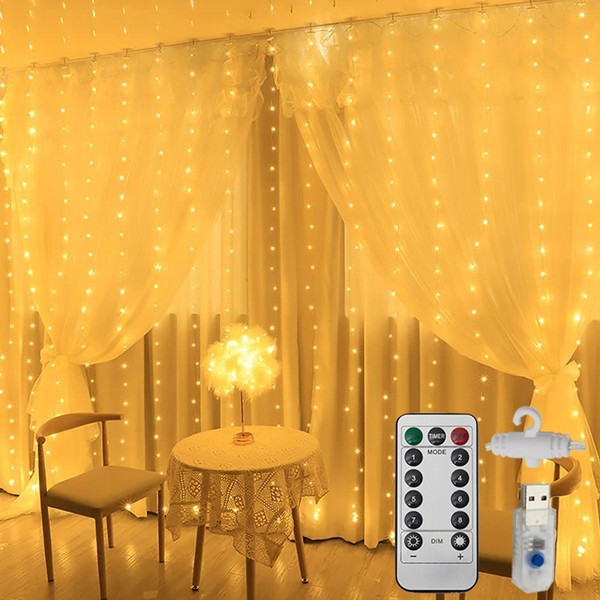 PSZJXGS Curtain Lights, Fairy Lights for Bedroom, 300 LEDs Warm