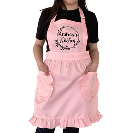 TEEAMORE Custom Ruffle Apron Your Name With Floral Frame Kitchen Cooking Baking Grilling Cleaning Maid Costume Women Apron Pink