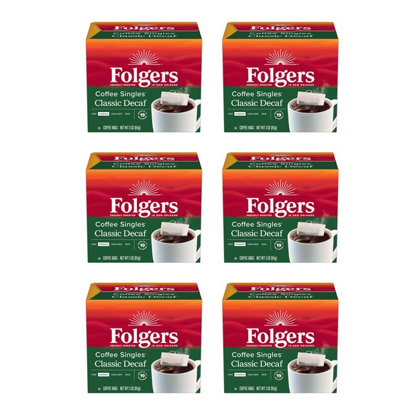Folgers Coffee Singles Medium Roast Decaf Coffee Bags, 19 Count (Pack of 6)