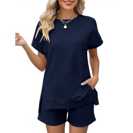 LOMON Loungewear for Women 2 Piece Set Fashion Comfy Sweatsuit Outfits Summer Shorts Tops with Pockets(Navy Blue,XXL)