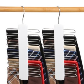 Pack of 2 Tie Holder, Belt Holder, Wooden Hanger, Tie Holder, with 20 Metal Shelves and 360 Degree Rotating Coat Hook, for Belt, Scarf, Tie Storage (White)